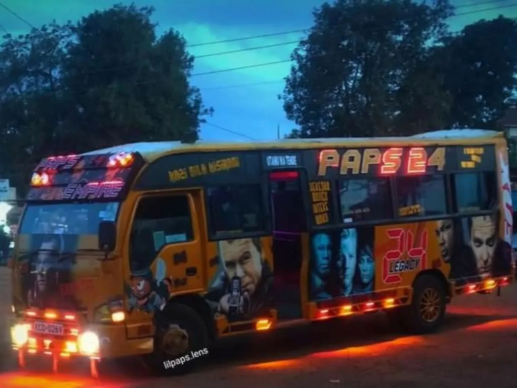 Commuter bus on a Nairobi route after dark